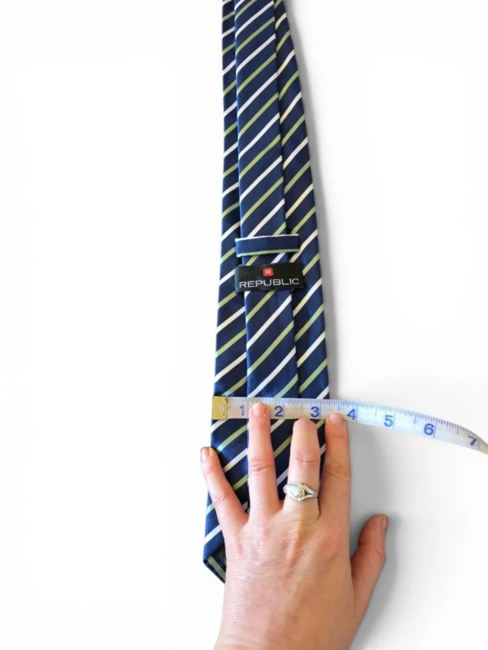 Republic Mens Necktie Navy Blue Green White Stripe Herringbone Woven Classic